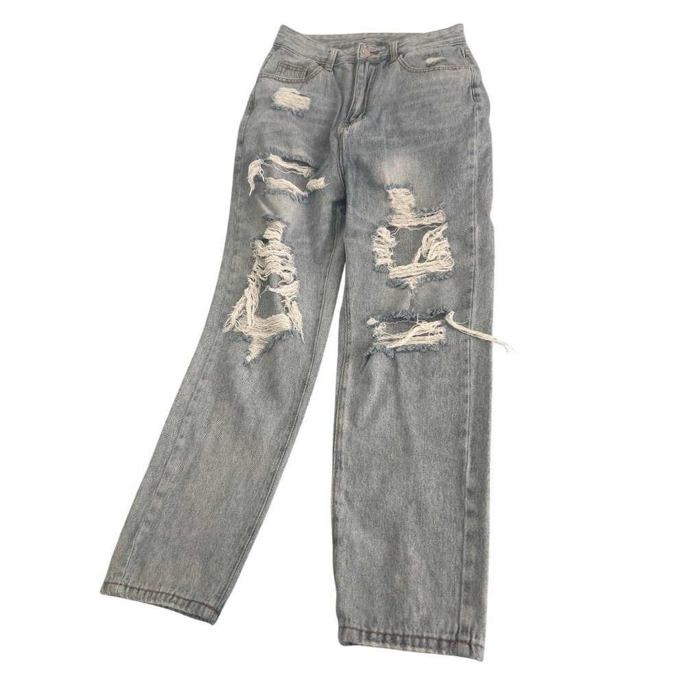 Shein Light Wash Distressed High-Waisted Jeans Destroyed Holes Skater Punk Sz 6